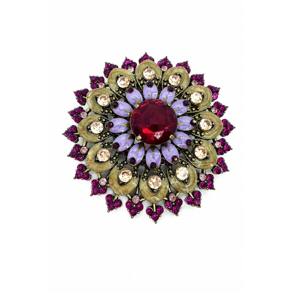 VINTAGE RHINESTONE BROOCH Large 4" Enamel Flower Purple Pink Statement Pin